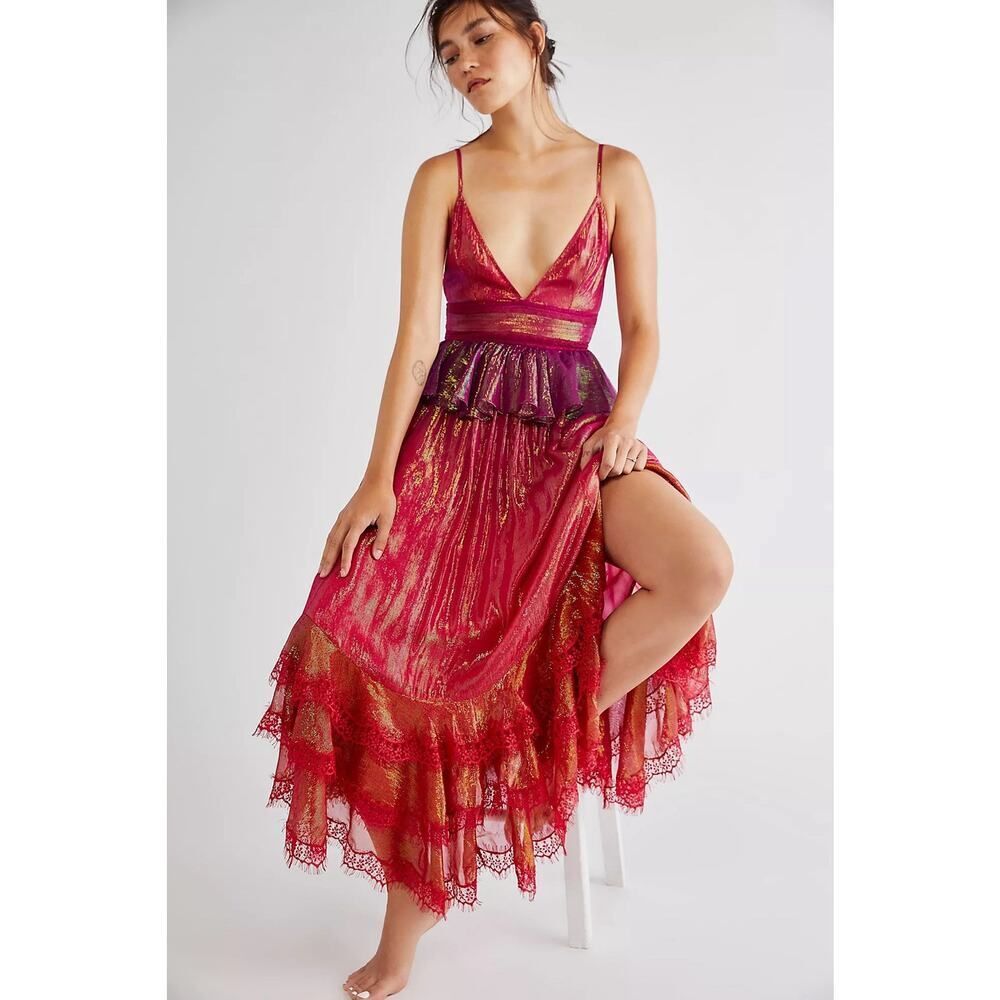 Rococo Sand Shimmery Red Metallic V-Neck Tiered Maxi Dress